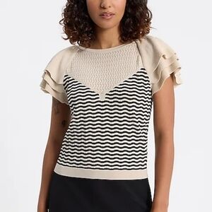 Express Striped Ruffle Flutter Sleeve Knit Top Sweater Black Sandshell Beige XS